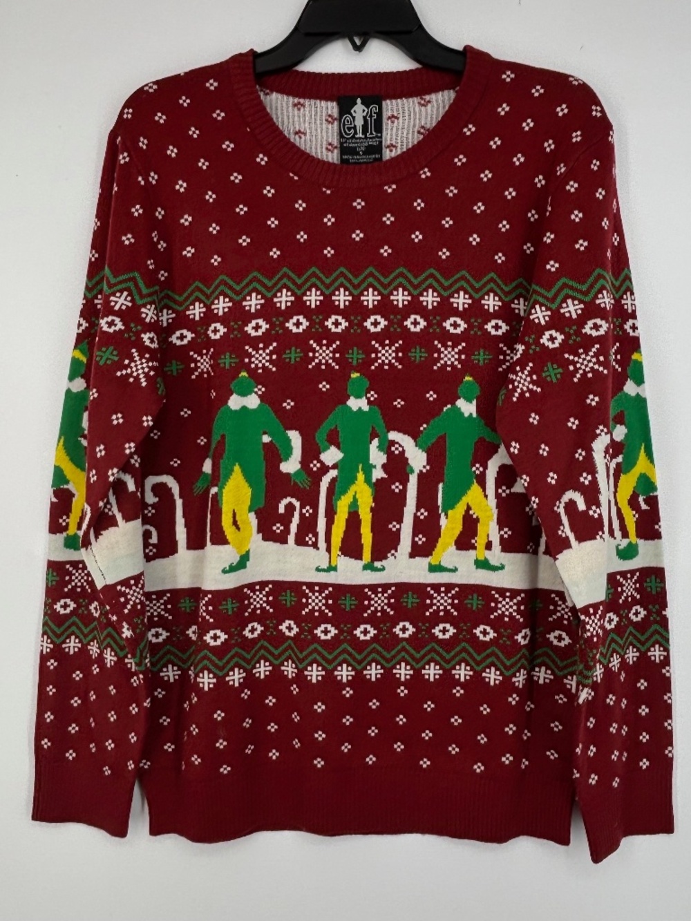 Elf Mens Small Ugly Christmas Sweater Burgundy Red Green Lightweight Long Sleeve